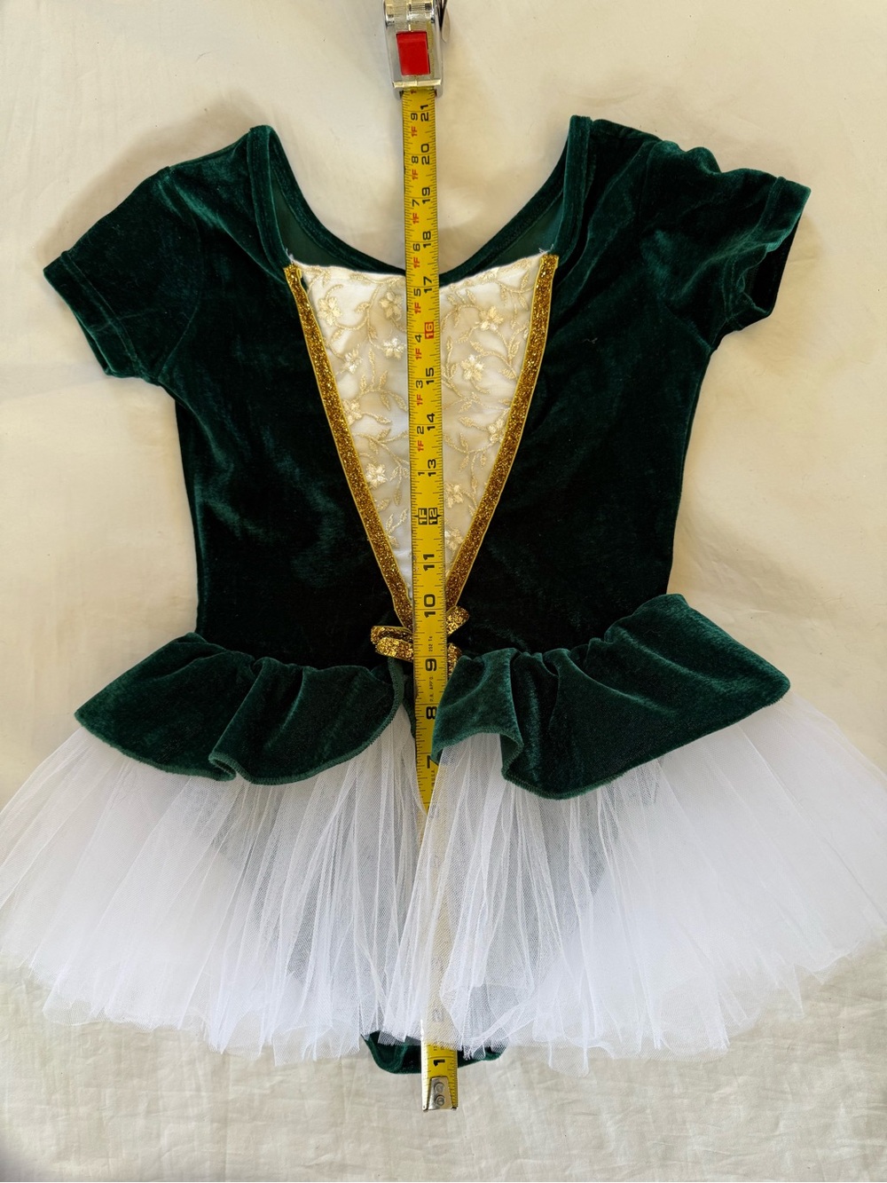 Girls Green Velvet Ballet Tutu Costume with Gold Trim XS
